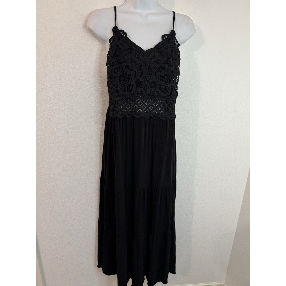 Women’s Dress Maxi Lace Crochet Spaghetti Strap Long Black Sundress Boho M